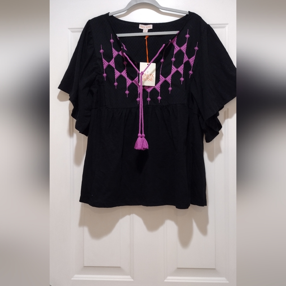 NWT  Knox Rose Black & Purple  Embroidered Boho Peasant Top Size 2X - Picture 2 of 7